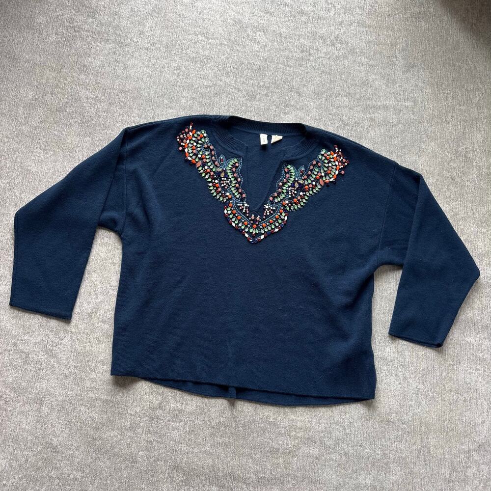 MOTH Beaded Blue V-neck Sweater